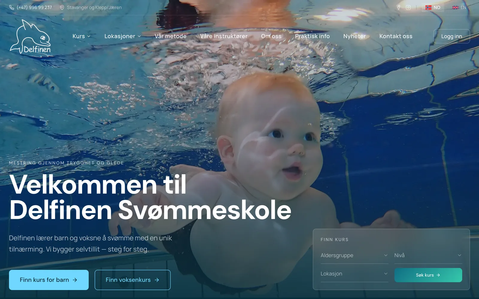Skjermbilde av delfinen.no — nettsiden Nettsaga bygget for Delfinen Svømmeskole